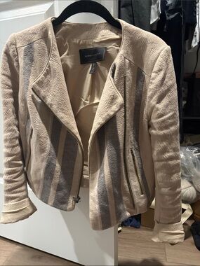 BCBGMaxAzria Beige Striped Moto-Style Leather Jacket